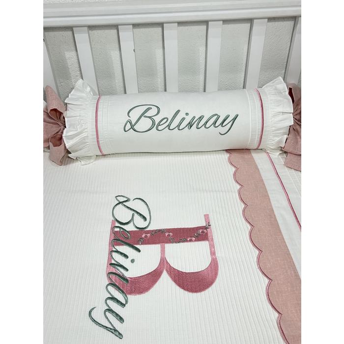 Pike takımı 5 parça beyaz fitilli pike - pudra pembe isviçre keteni