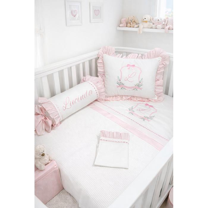 Pike takımı 5 parça beyaz fitilli pike - pudra pembe poplin