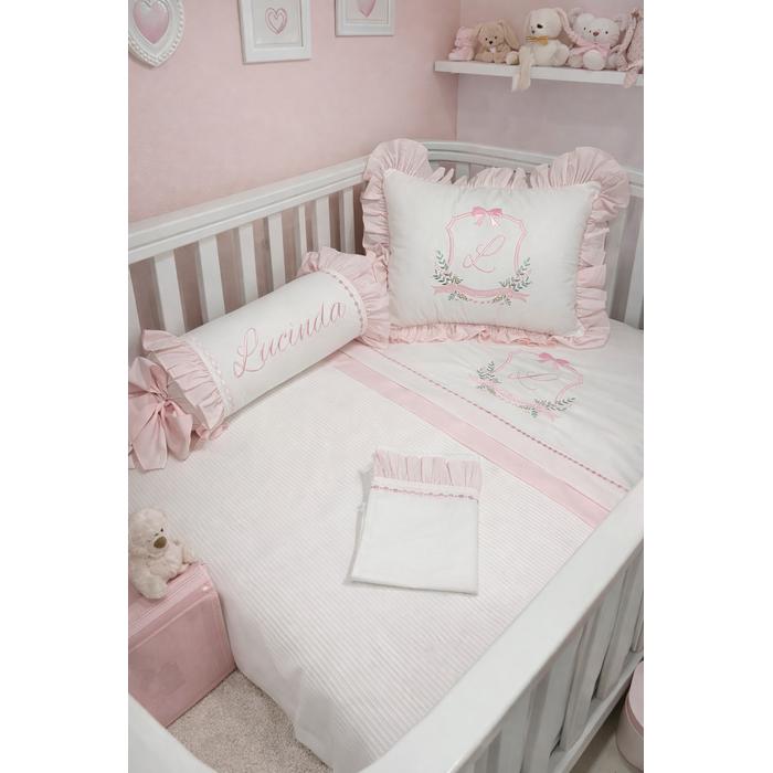 Pike takımı 5 parça beyaz fitilli pike - pudra pembe poplin