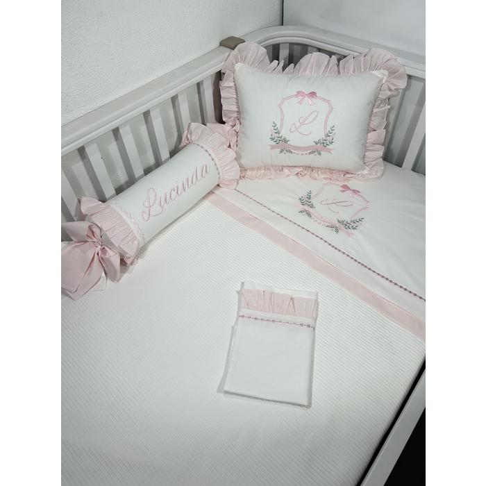 Pike takımı 5 parça beyaz fitilli pike - pudra pembe poplin