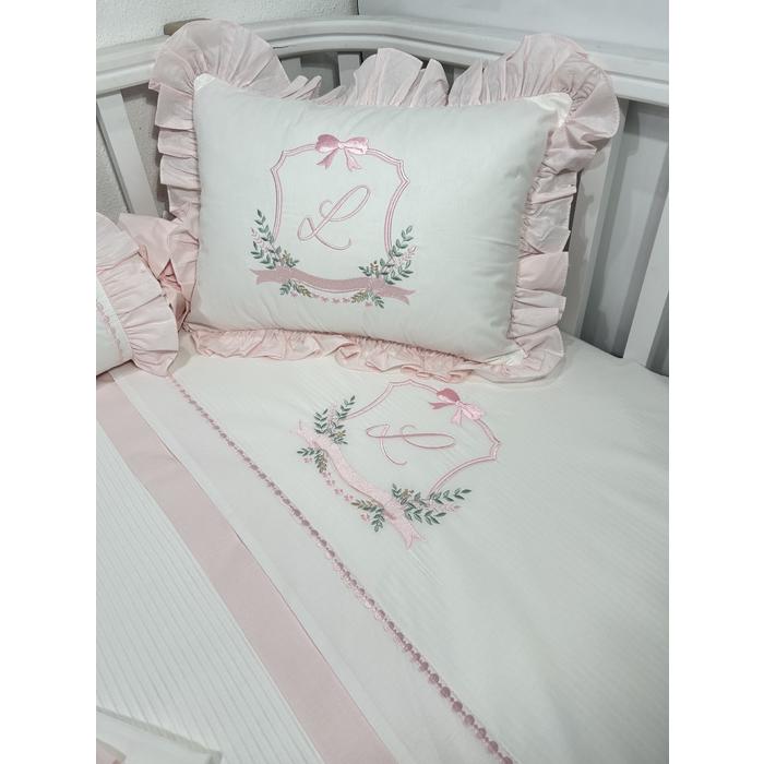 Pike takımı 5 parça beyaz fitilli pike - pudra pembe poplin