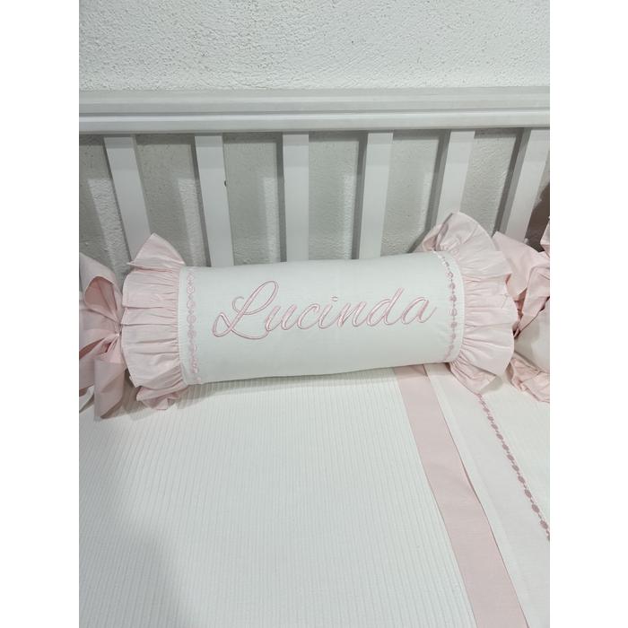 Pike takımı 5 parça beyaz fitilli pike - pudra pembe poplin