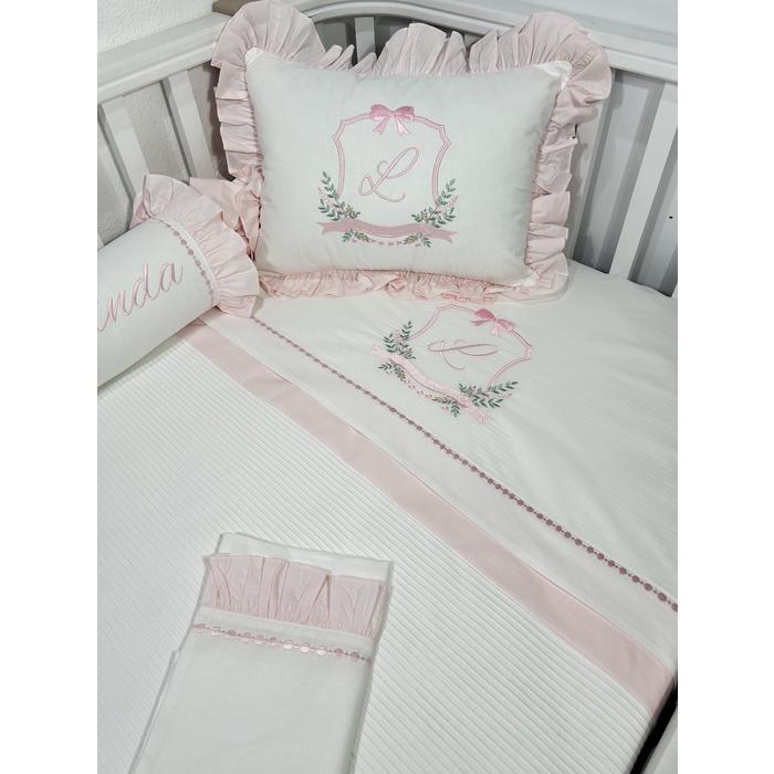 Pike takımı 5 parça beyaz fitilli pike - pudra pembe poplin