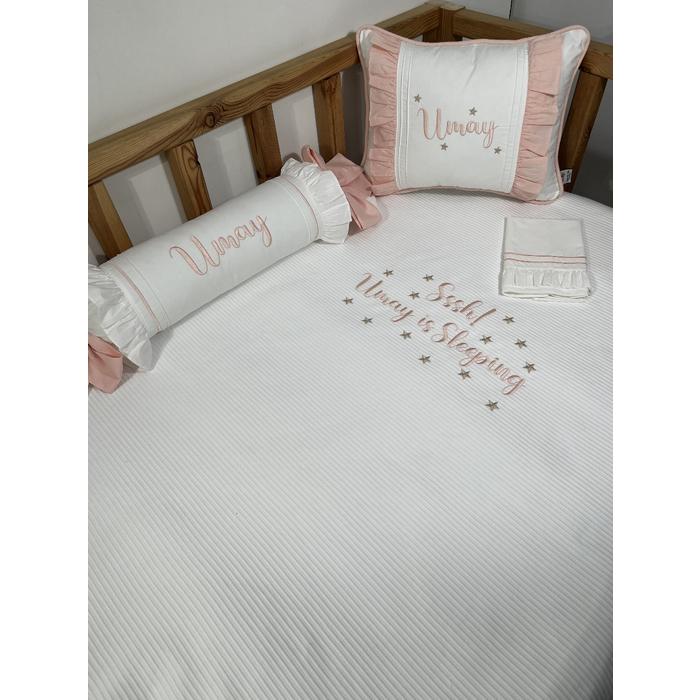 Pike takımı 5 parça beyaz fitilli pike - somon poplin