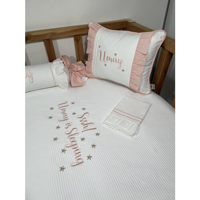 Pike takımı 5 parça beyaz fitilli pike - somon poplin