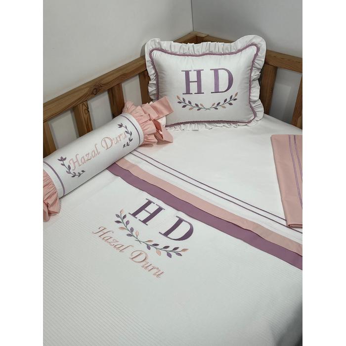 Pike takımı 5 parça beyaz fitilli pike - somon ve lila poplin