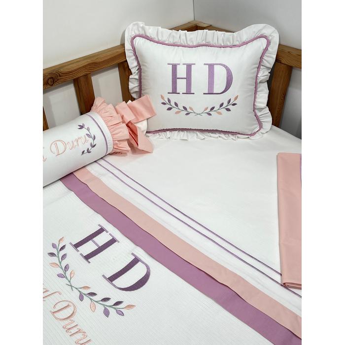 Pike takımı 5 parça beyaz fitilli pike - somon ve lila poplin