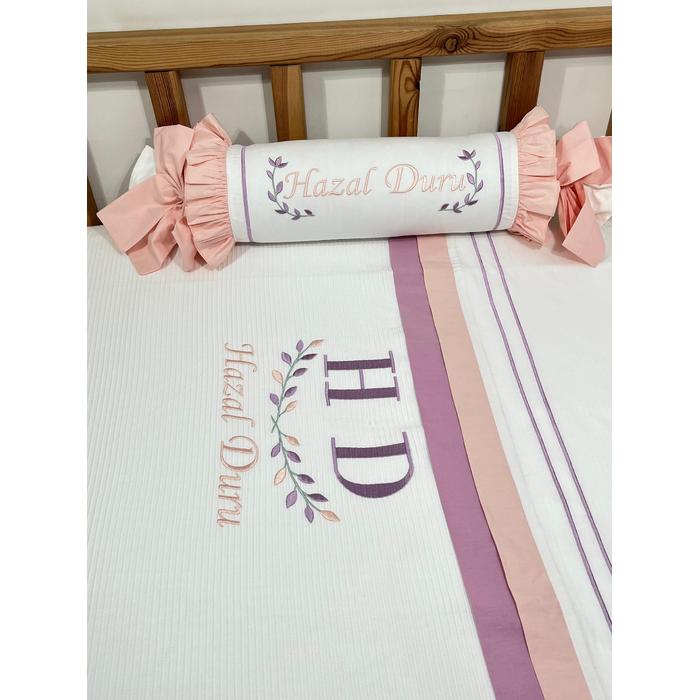 Pike takımı 5 parça beyaz fitilli pike - somon ve lila poplin