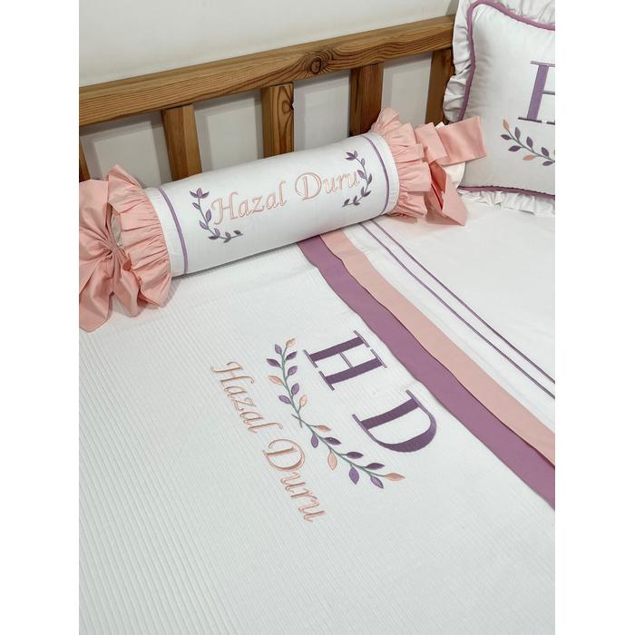 Pike takımı 5 parça beyaz fitilli pike - somon ve lila poplin