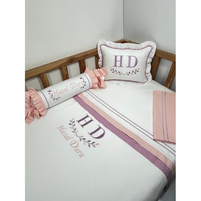 Pike takımı 5 parça beyaz fitilli pike - somon ve lila poplin