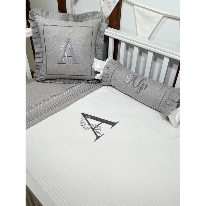 Pike takımı 5 parça beyaz örgü pike - gri isviçre keten 2