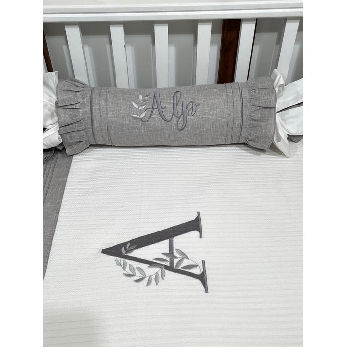 Pike takımı 5 parça beyaz örgü pike - gri isviçre keten 2