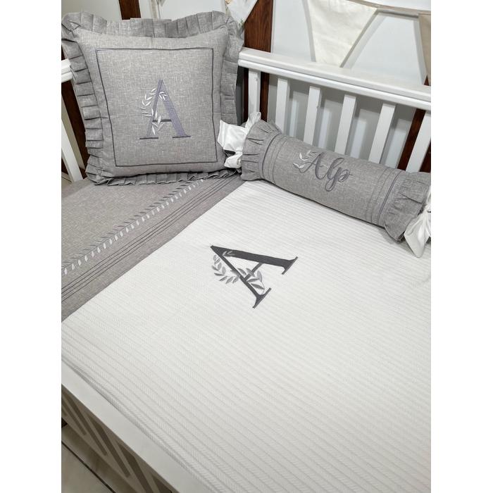 Pike takımı 5 parça beyaz örgü pike - gri isviçre keten 2