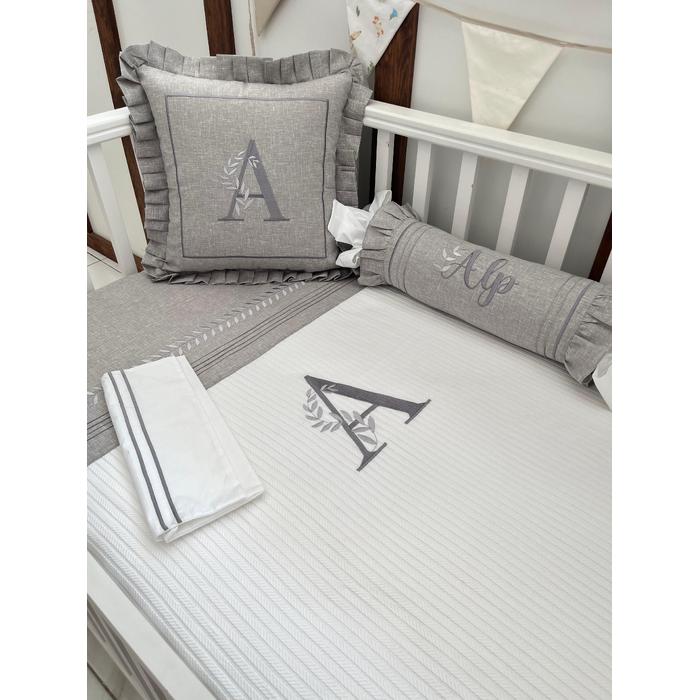 Pike takımı 5 parça beyaz örgü pike - gri isviçre keten 2