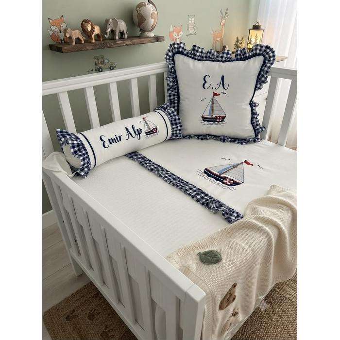 Pike takımı 5 parça beyaz örgü pike - lacivert pötikareli poplin