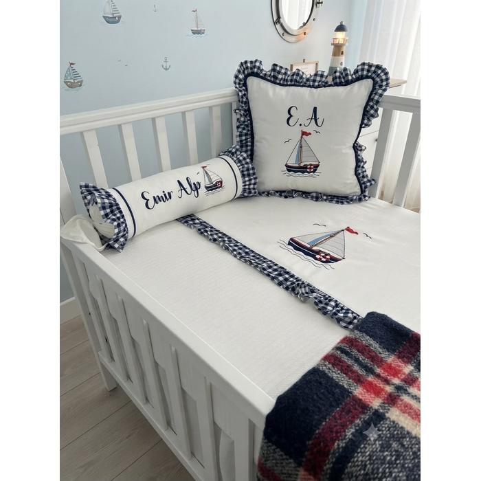 Pike takımı 5 parça beyaz örgü pike - lacivert pötikareli poplin