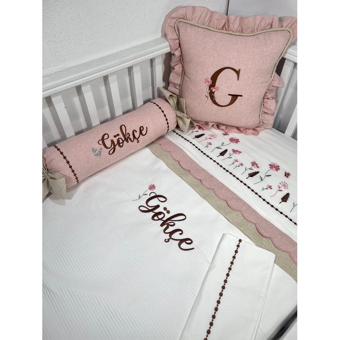 Pike takımı 5 parça beyaz fitilli pike - pudra pembe  ve bej isviçre keteni