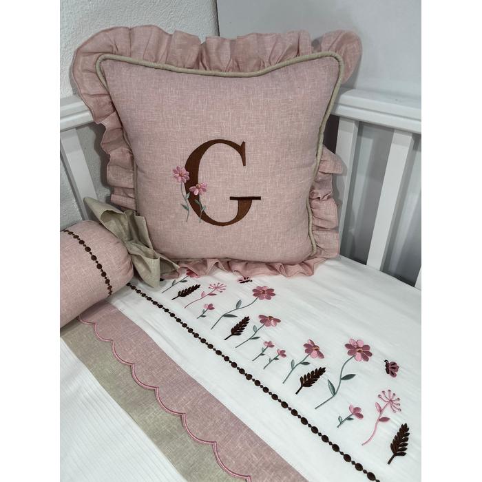 Pike takımı 5 parça beyaz fitilli pike - pudra pembe  ve bej isviçre keteni