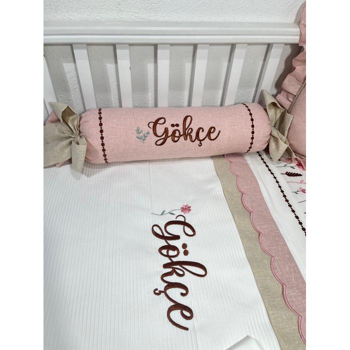 Pike takımı 5 parça beyaz fitilli pike - pudra pembe  ve bej isviçre keteni