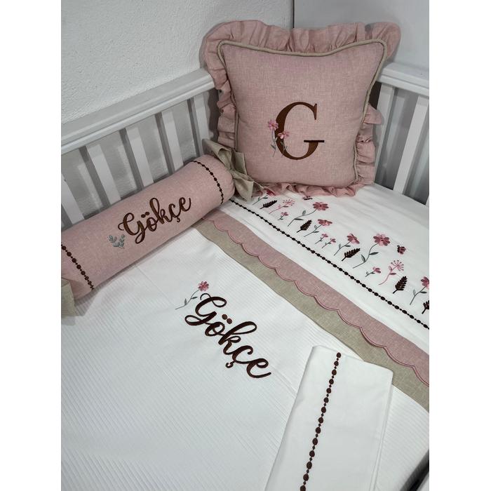 Pike takımı 5 parça beyaz fitilli pike - pudra pembe  ve bej isviçre keteni