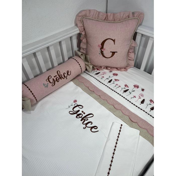 Pike takımı 5 parça beyaz fitilli pike - pudra pembe  ve bej isviçre keteni