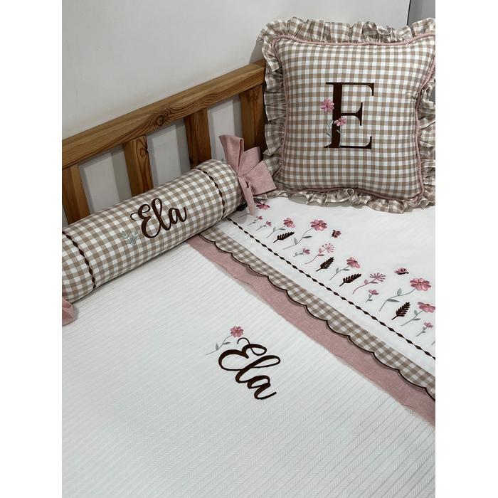 Pike takımı 5 parça beyaz örgü pike - pudra pembe isviçre keten ve bej pötikare poplin