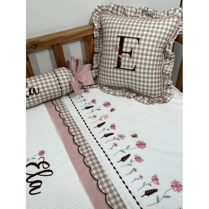 Pike takımı 5 parça beyaz örgü pike - pudra pembe isviçre keten ve bej pötikare poplin