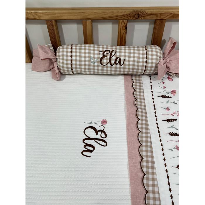 Pike takımı 5 parça beyaz örgü pike - pudra pembe isviçre keten ve bej pötikare poplin