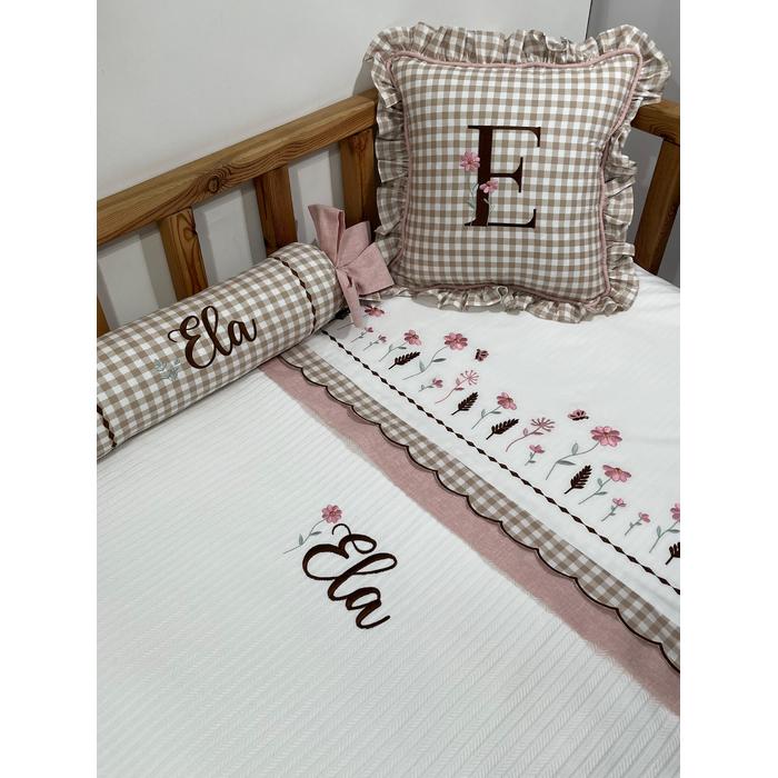 Pike takımı 5 parça beyaz örgü pike - pudra pembe isviçre keten ve bej pötikare poplin