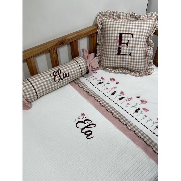 Pike takımı 5 parça beyaz örgü pike - pudra pembe isviçre keten ve bej pötikare poplin