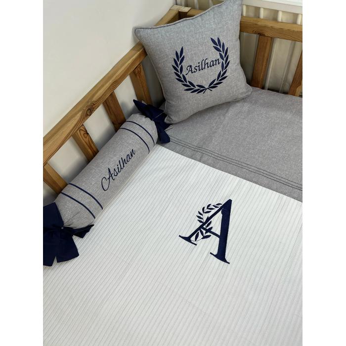 Pike takımı 5 parça beyaz örgü pike - gri isviçre keten