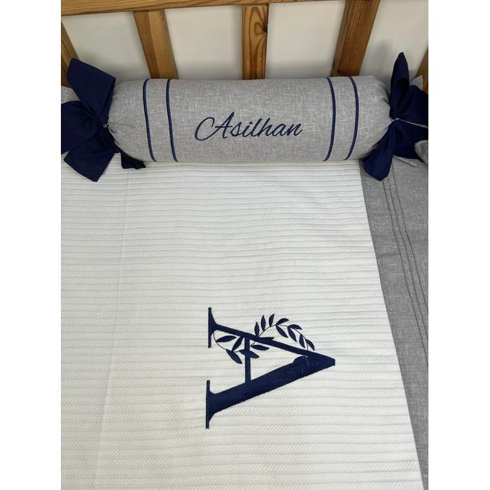 Pike takımı 5 parça beyaz örgü pike - gri isviçre keten