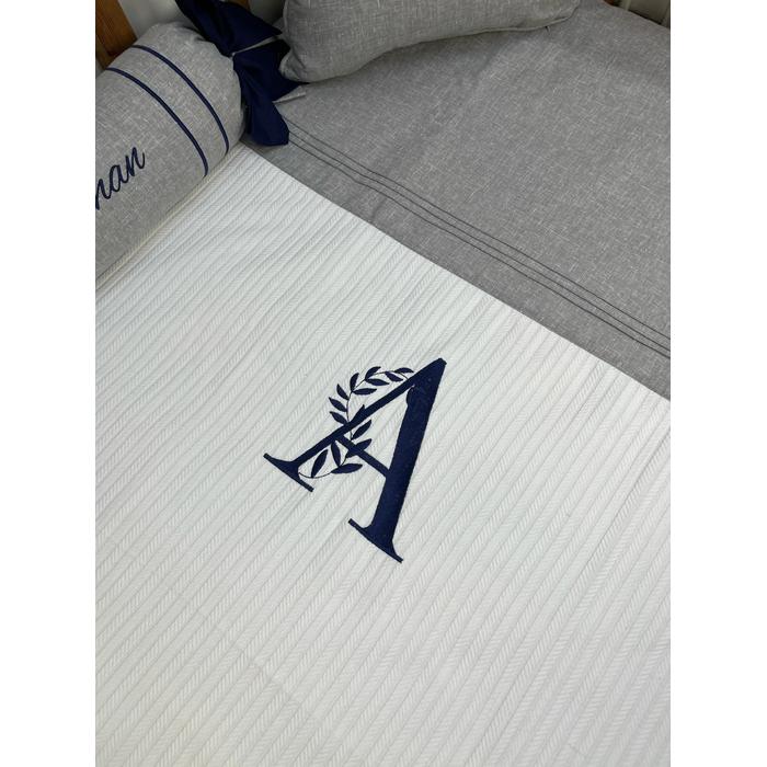 Pike takımı 5 parça beyaz örgü pike - gri isviçre keten