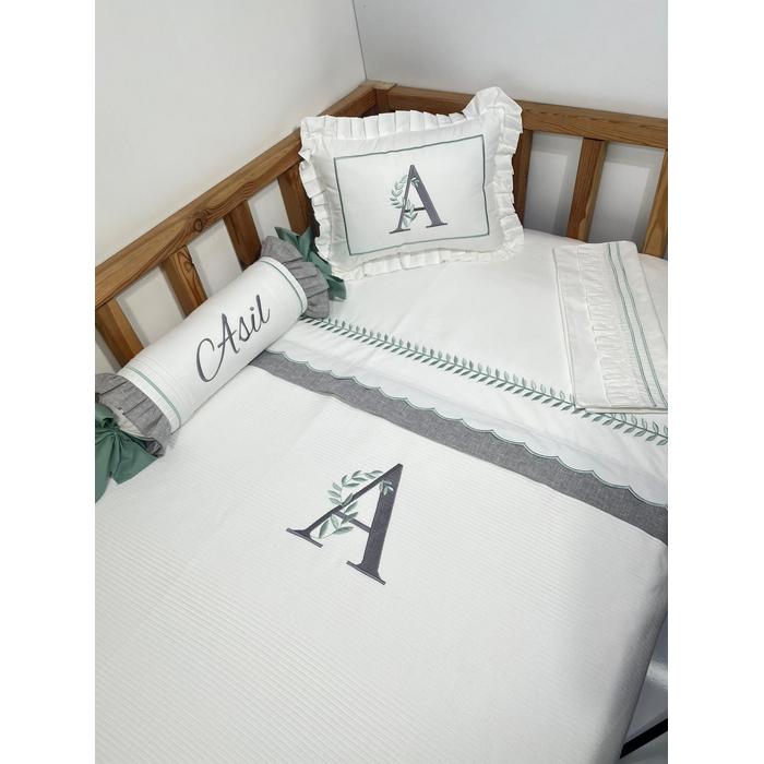 Pike takımı 5 parça beyaz fitilli pike - gri isviçre keten