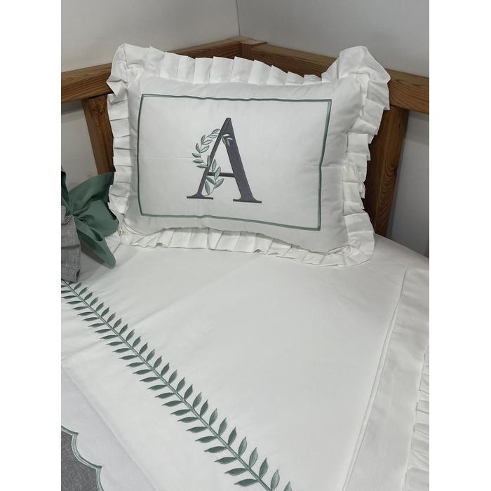 Pike takımı 5 parça beyaz fitilli pike - gri isviçre keten