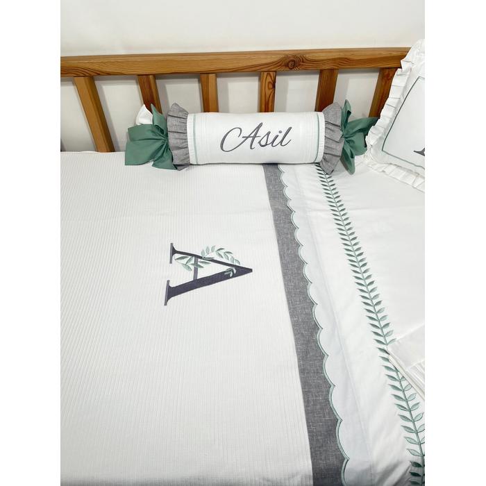 Pike takımı 5 parça beyaz fitilli pike - gri isviçre keten