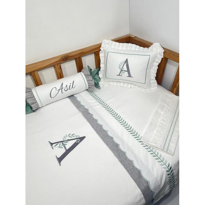 Pike takımı 5 parça beyaz fitilli pike - gri isviçre keten