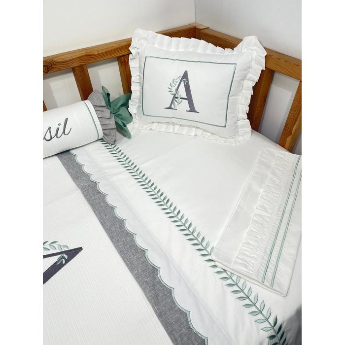 Pike takımı 5 parça beyaz fitilli pike - gri isviçre keten