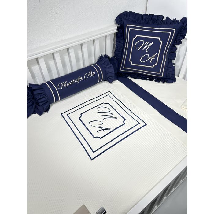 Pike takımı 5 parça krem fitilli pike -  lacivert poplin