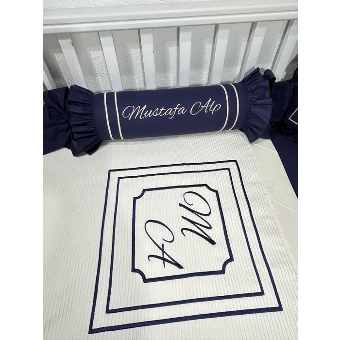 Pike takımı 5 parça krem fitilli pike -  lacivert poplin