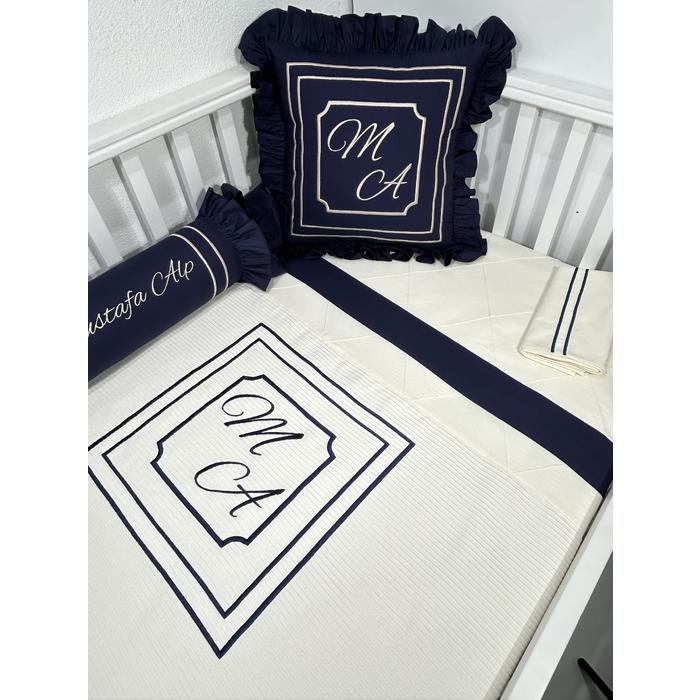 Pike takımı 5 parça krem fitilli pike -  lacivert poplin