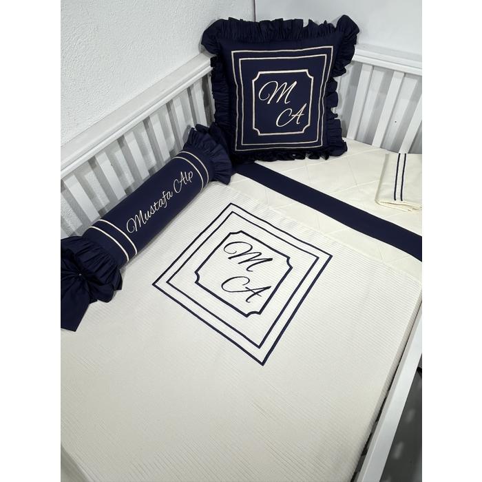 Pike takımı 5 parça krem fitilli pike -  lacivert poplin