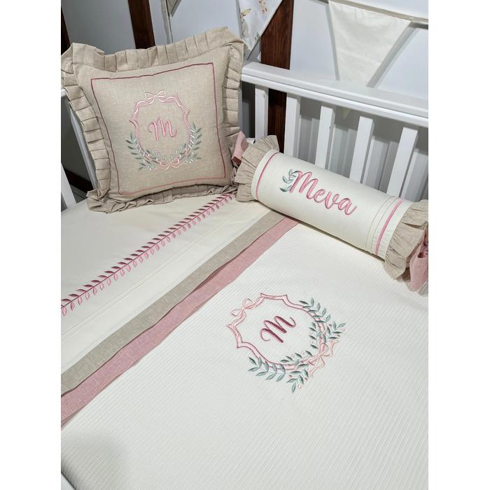 Pike takımı 5 parça krem fitilli pike - bej isviçre keten 4