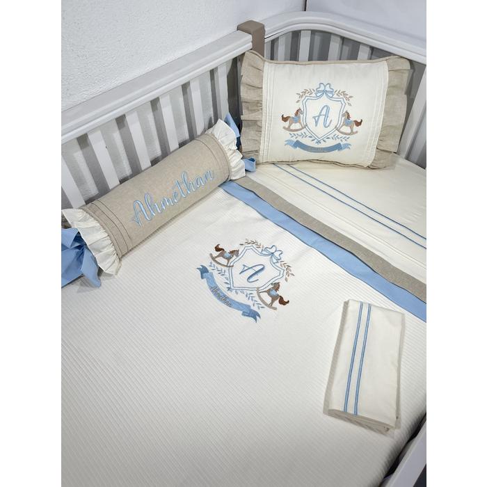 Pike takımı 5 parça krem fitilli pike - bej İsviçre keten ve mavi poplin