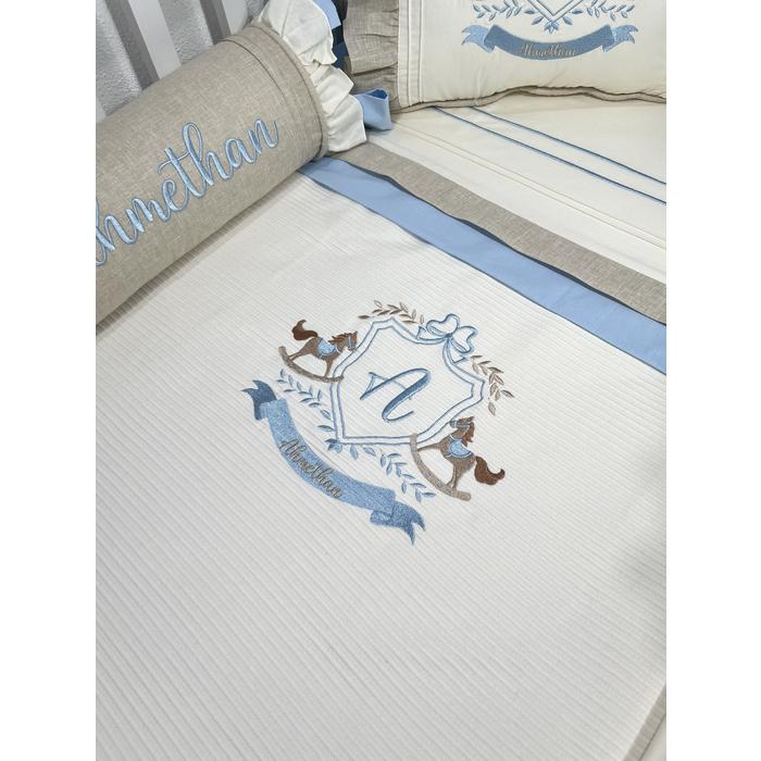 Pike takımı 5 parça krem fitilli pike - bej İsviçre keten ve mavi poplin