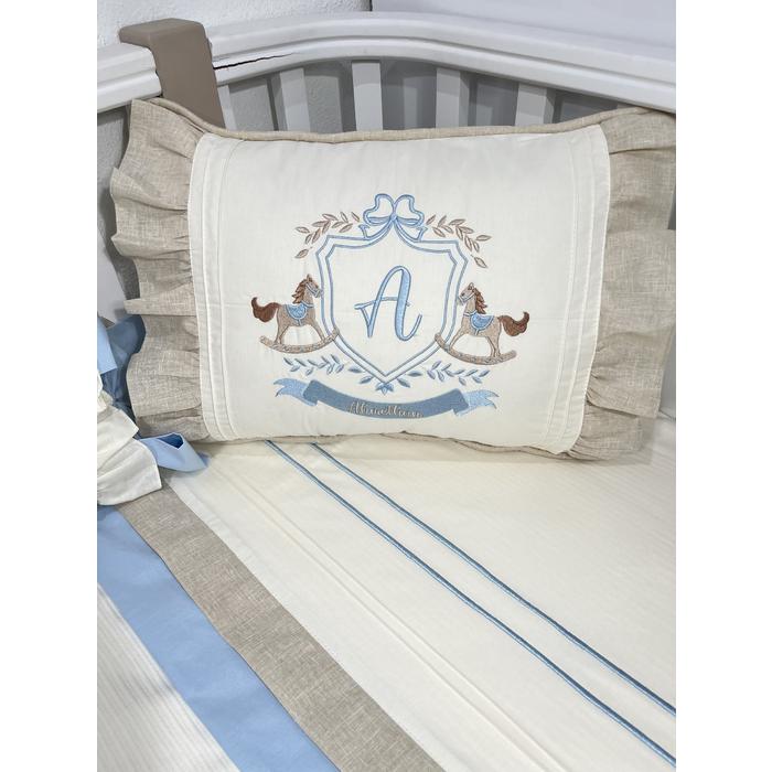 Pike takımı 5 parça krem fitilli pike - bej İsviçre keten ve mavi poplin