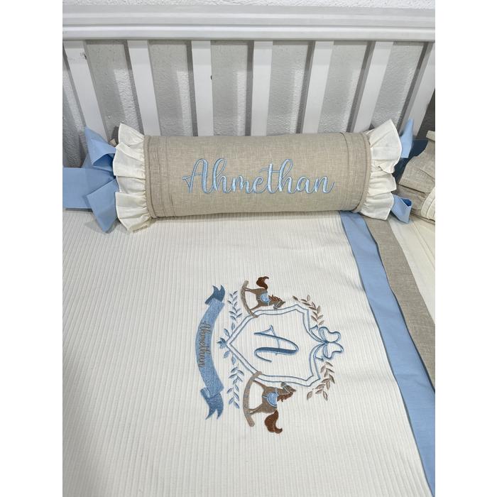 Pike takımı 5 parça krem fitilli pike - bej İsviçre keten ve mavi poplin