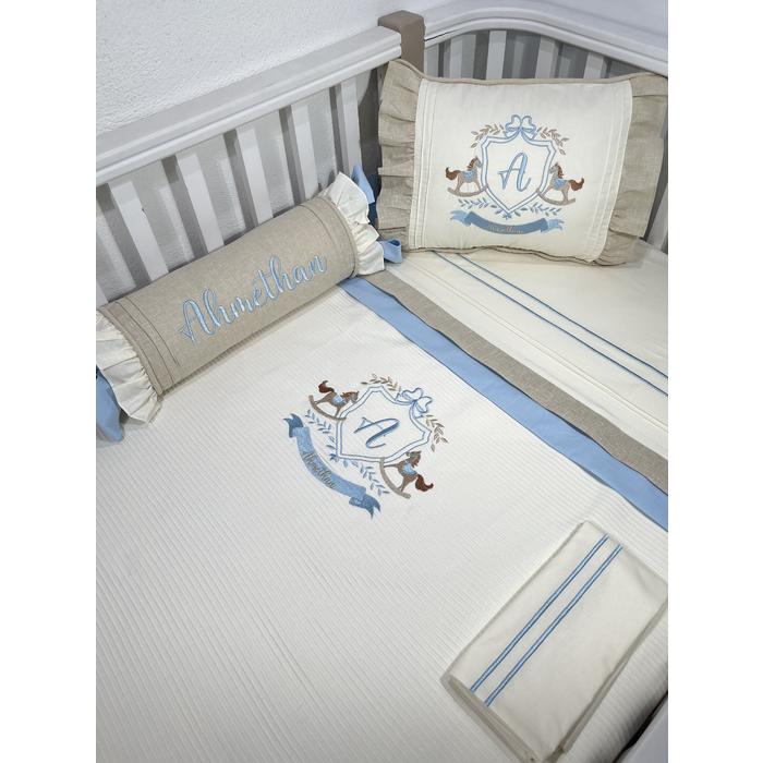 Pike takımı 5 parça krem fitilli pike - bej İsviçre keten ve mavi poplin