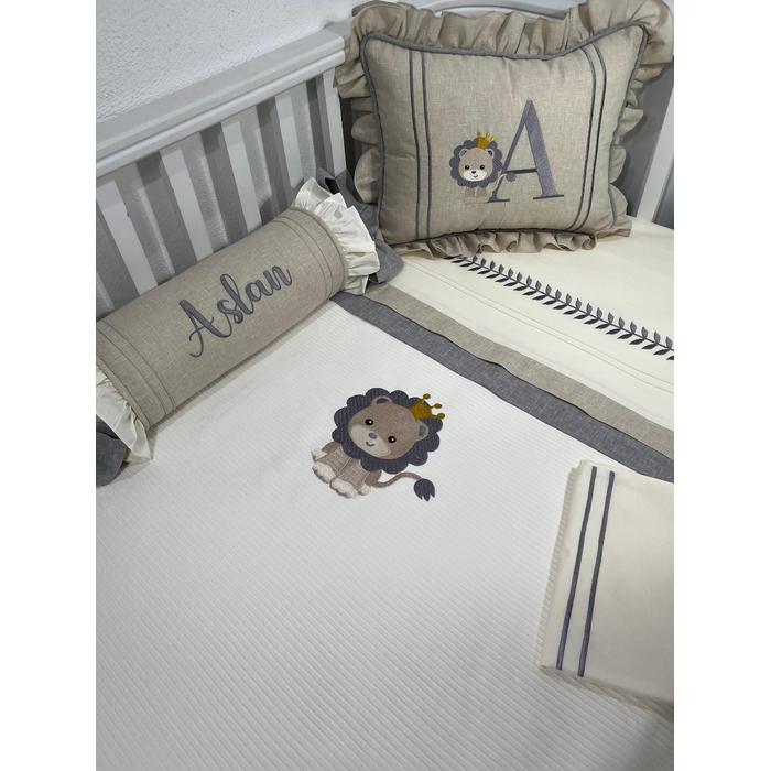 Pike takımı 5 parça krem fitilli pike - bej ve gri isviçre keteni