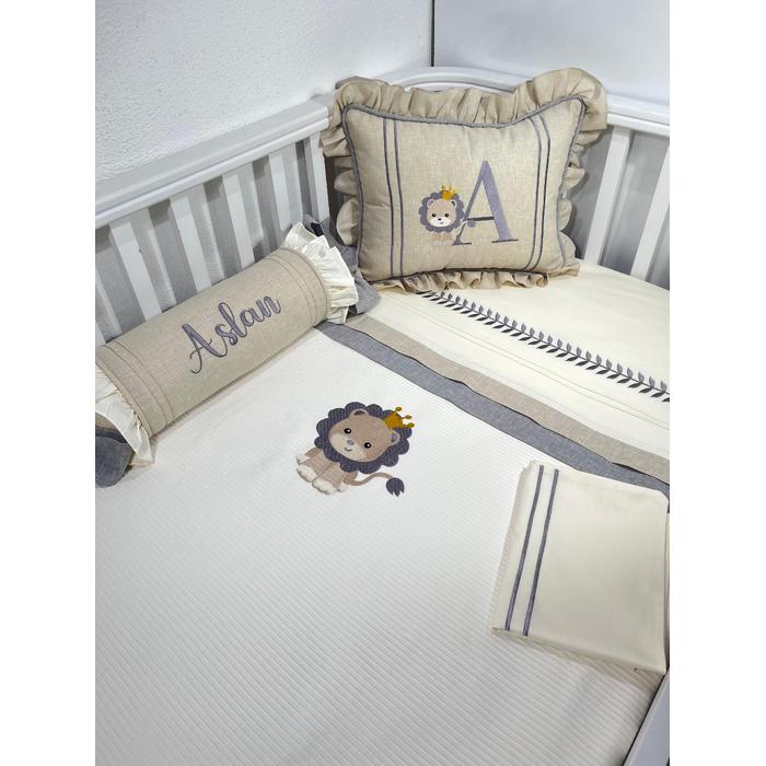 Pike takımı 5 parça krem fitilli pike - bej ve gri isviçre keteni